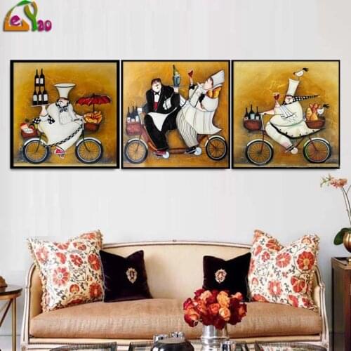 Diamond Embroidery Chefs On Bicycles Triptych Mosaic Diamond Art Painting Cross Stitch Kits Rhinestones Handmade Home Decor Gift