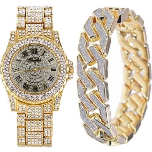 Diamond Man Watch 2019 Stainless Steel Bring Bracelet 2pcs/set Wrist Watch For Men Luxury Casual Quartz Watches Gifts For Men