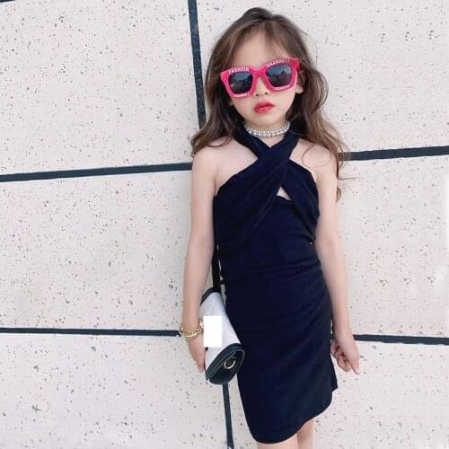 Baby Girl Black Mini Dress Princess Hanging Neck Cross Vestidos Hollow Out Streetwear Kids Toddler Hip Open Shoulder 3 to 12 yrs