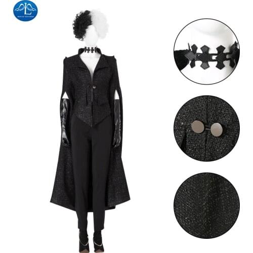 Cruella Cosplay Coat Rock Collar Black Uniform Woman Long Flared Sleeves Dreses Halloween Outfits Adult Cruella De Vil Cosplay
