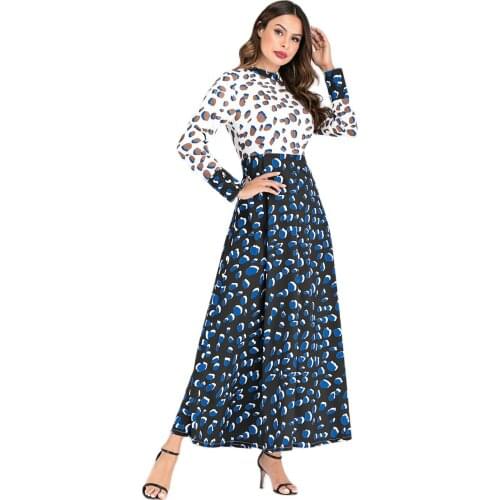 Hijab Ramadam Faldas for Girls Muslim Stand Collar Leopard Print Stitching Contrast Color Pendulum Dress Dress 7055