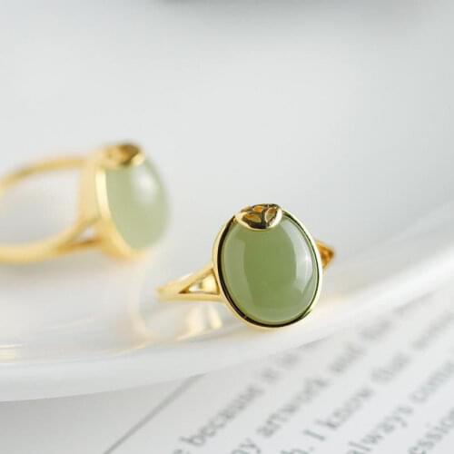 Lucky Ring High Head Hetian Jade Gray Jade Oval Egg Noodle Ring Sterling Silver Gold Plated Coin Open Ring Women