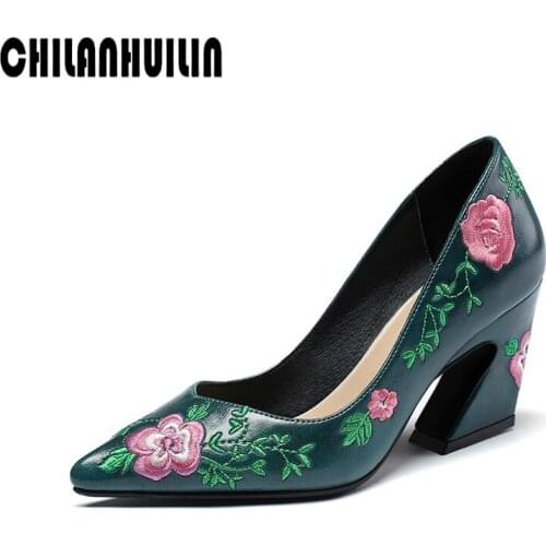 Retro style high heels embroidered leather women pumps wedges woman spike heels party dress shoes casual pointed toe pumps woman