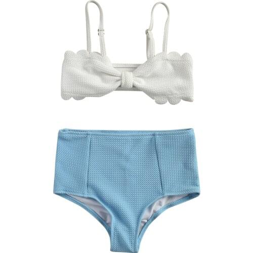 6-12 Y Girls Leisure Two Piece Swimsuit Smocking Lace Vest Solid Color Sling High Waist Shorts For Kids Simple And Comfortable