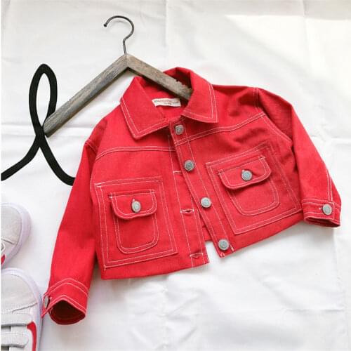 2021 Girls Boys Red Denim Jacket Spring Autumn Clothes Baby Kids Fashion Casual Jackets Children Trench Coats