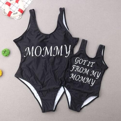 LB 2021 Summer Family Matching Swimwear Letter Print Black Mother Daughter Dad and Me Boys Girl Swimsuit