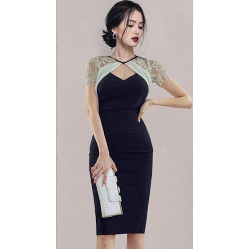 Summer Dress Evening Elegant Vintage Black Women Dresses Bodycon Bandag Hollow Out Lace Wrap Sundress Party Sexy Korean Clothes