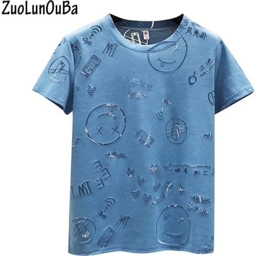 ZuoLunOuBa Summer Casual Womens Clothing Blue T Shirt Short Sleeved Round Neck Chinese Character Smiley Print Tees Tops