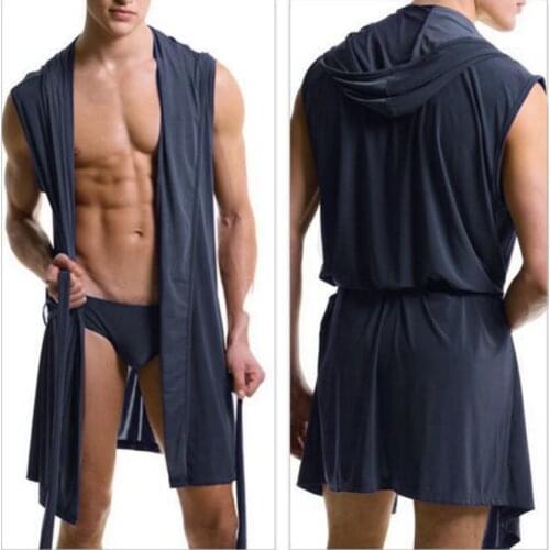 Best price Summer dress bath robe with briefs men sexy pajamas sleepwear Silk pijama hombre hooded bathrobe men bath set
