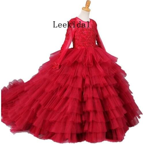 Real Photo Red Ball Gown Flower Girl Dresses Long Sleeve Beaded Appliques Tiered Tulle Girls Communion Dress Birthday Party