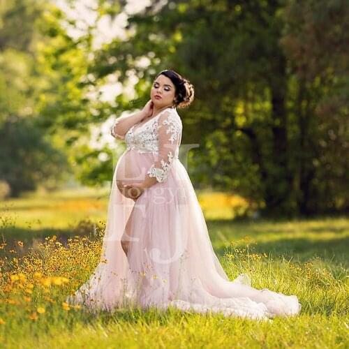 Delicate Open Front Pink Lace andTulle Maternity Dress For Photography одежда для беременных V-Neck Long Sleeve Robe vestidos