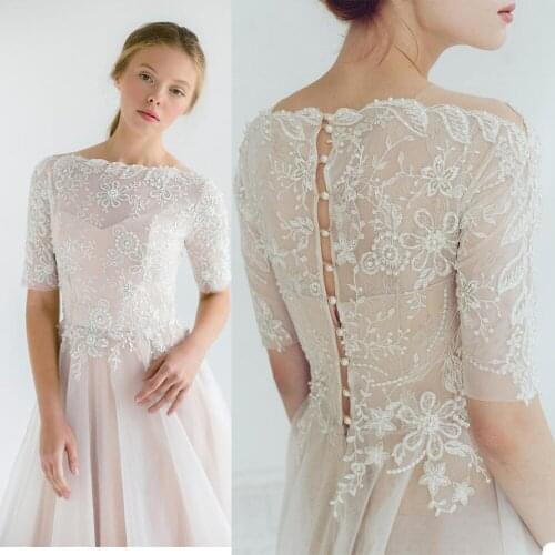 2020 New Wedding Jacket Half Sleeve Appliques Lace White Ivory Bridal Bolero Jackets Button Back Top Wedding Wrap