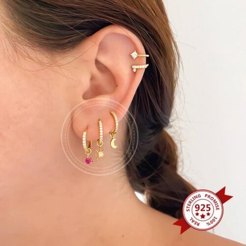 Charm hoop earrings for women Star heart shape Clear circle mini zircon 925 sterling silver ear piercing jewelry female gifts