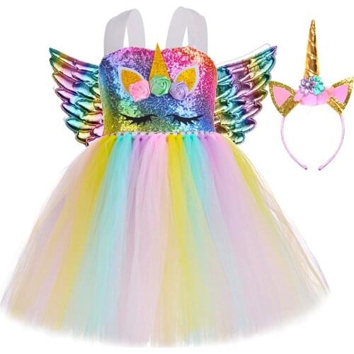 Rainbow Sequins Unicorn Costume for Girls Tutu Dress Kids Halloween Costumes Princess Unicorn Birthday Dresses Wings Headband