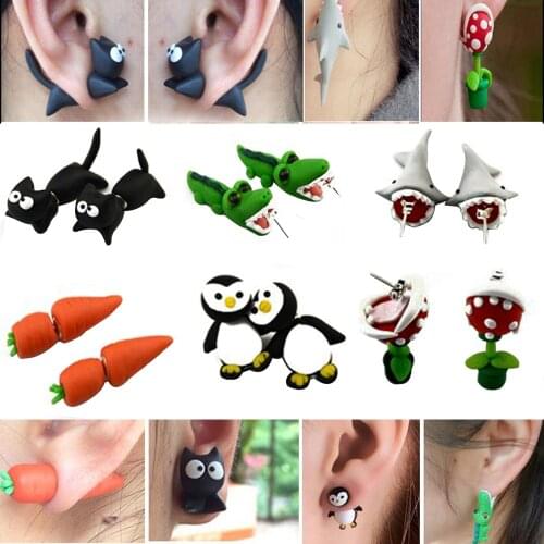 Fashion Animal brincos Handmade Polymer Clay Shark Crocodile Cat Piranha Ear Stud Earrings For Women Piercing Earrings Jewelry
