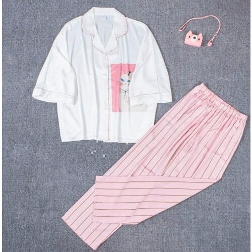 Freshing Summer Loose Plus Size Women Pajama Set Cartoon Print Bat sleeve Long Sleeve Trousers Suit Pyjamas