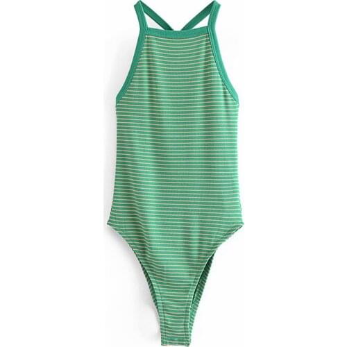 YENKYE Vintage Striped Ribbed Bodysuit Women Sexy Backless Sleeveless Summer Body Femme Jumpsuit