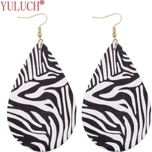 YULUCH Ethnic Prairie Jewelry Accessories Natural Wooden Water Drops Painted Zebra Pendant for Fashion Women Earrings Gifts