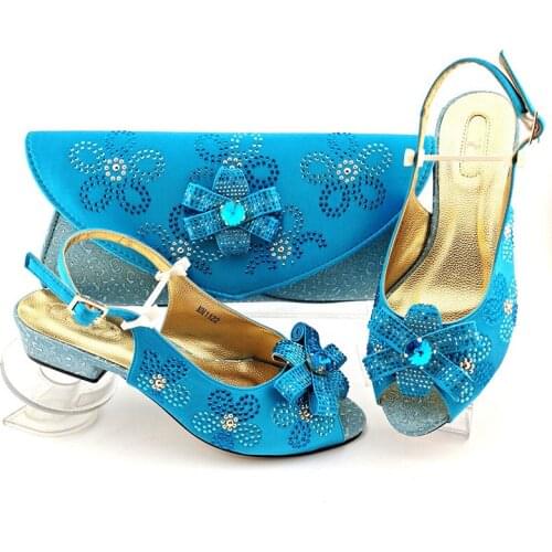 Wonderful Sku Blue Women Med Heel 4.8CM Shoes Match Purse With Rhinestone Decoration African Pumps And Handbag Set MM1122