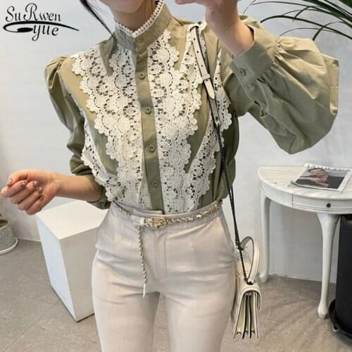 Vintage Korean Stand Collar Single-row Buckle Lace Stitching Womens Shirts and Blouse Loose Lantern Sleeve Shirt Woman 12767