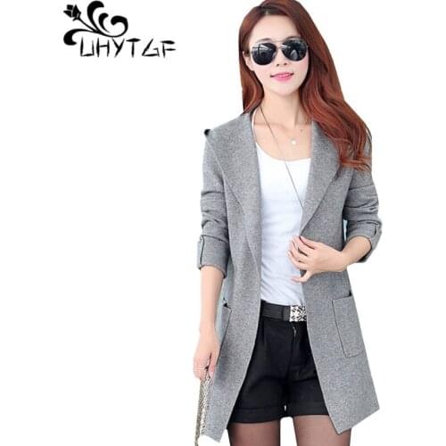 UHYTGF women sweater 2019 Knitted cardigan Spring Sweater coat Solid color hooded cardigan female sweater coat Plus size top 259