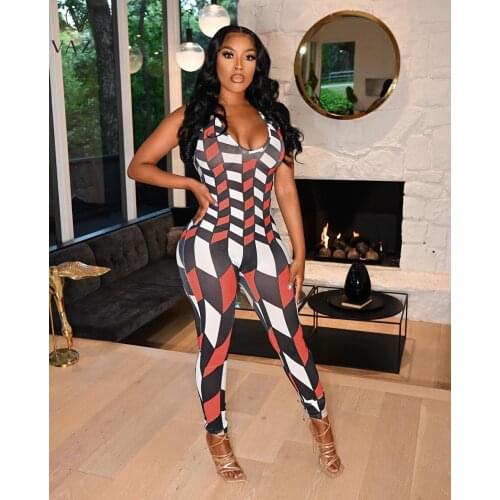 VAZN 2021 Print Sleeveless Chic Ladies Slim V-neck Shinny Sexy Lady Women Party Beach Jumpsuits Full Pant Bandage Rompers