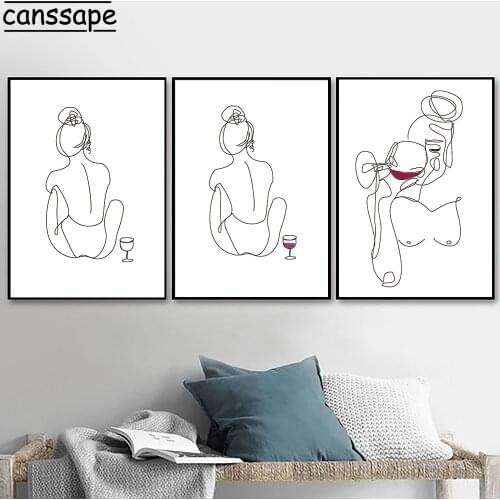Woman Body Nude Art Print Abstract Line Picture Drawing Wall Art Painting Red Wine Glass Drink Poster Modular Picture Home Decor