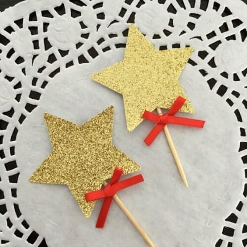 Glitter Christmas Star with red bows Cupcake Toppers Bachelorette Party & Hen Party Supplies wedding toothpicks