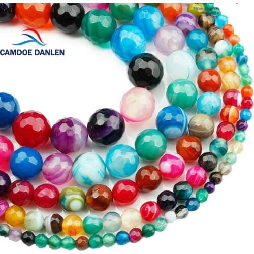 CAMDOE DANLEN Natural Stone Faceted Mixed Colors Stripe Agates Beads Round 4 6 8 10 12 14mm Diy Women Man For Jewelry Making