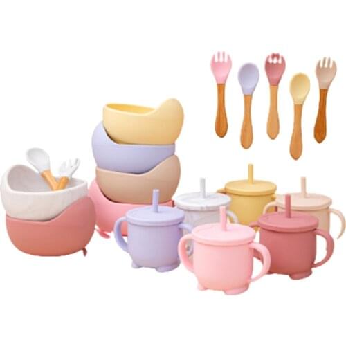 Baby silicone bowl fork spoon straw Cup set Silicone Bowl & Spoon Learning Dishes Tableware Suction Bowl BPA Free Baby Product