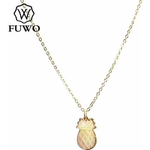 FUWO Natural Seashell Pineapple Shape Necklace with Gold Trimmed Hand Carved Tiny Fruit Pendant Necklace For Women NC525