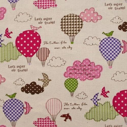 Cotton Linen Fabric for sewing pathwork, bedding - Hot air ballon and bird (Rose red) (width=110cm)