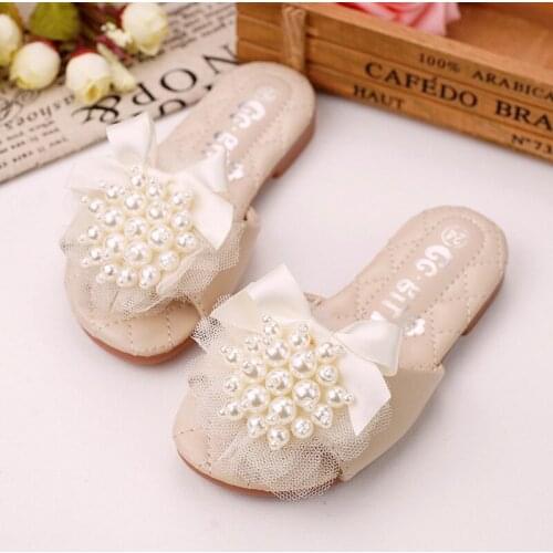 Princess Summer Slippers Baby Girls Sweet Slides Pink Slippers with Beautifull Pearls and Bow Knot Kids Flats Non-slip Sandals