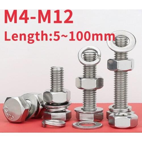 M4 M5 M6 M8 M10 M12 304 Stainless Steel Hexagon Bolt Screw And Nut Set Large Full Extension Screw