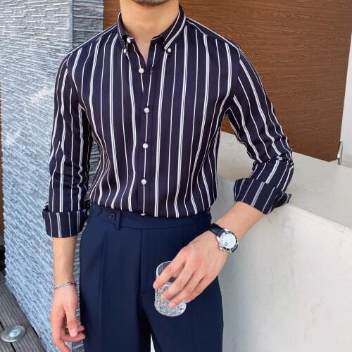 2021 Summer Men Business Striped Shirt Long Sleeve Slim Fit Hairstylist Shirts Men Office Tuxedo Stripe Shirt Social Plus Size