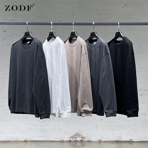 ZODF Chic 2021 Autum 280gsm 100% Solid Cotton T Shirts For Men Unisex Wahsed Retro Basic Full Sleeve Tee Brand Streetwear HY0269