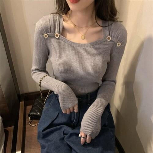 Autumn new style fashion temperament square collar be careful of leaking clavicle Slim long-sleeved sweater with bottoming