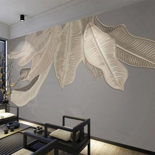 Custom Mural Wallpaper Modern Abstract Plantain Green Plants Ins Nordic Style Light Luxury Golden 3D Embossed Lines Wall Papers