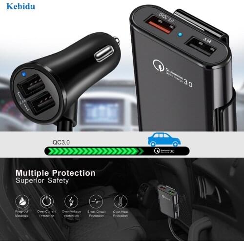 QC3.0 4 Ports Fast Car USB Charger Cigarette Lighter Power Adapter for iPhone Huawei with 1.7M Extension USB HUB Cable