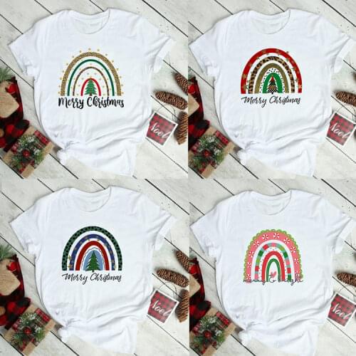 Merry Christmas Rainbow Leopard Print Women Graphic T Shirts Harajuku Short Sleeve T Shirts Xmas Holiday Clothes Camisetas Mujer