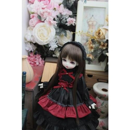 BJD doll dress is suitable for 1/31/4 1/6MSD and Blythes fashion black red vintage dress + black hair accessories two-piece set