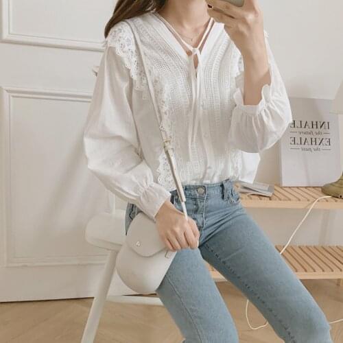 Vintage solid Lace white Shirt female Oversize Tops Women Long sleeve Girls Blouse Plus Size Autumn Women Blouses femme Blusas