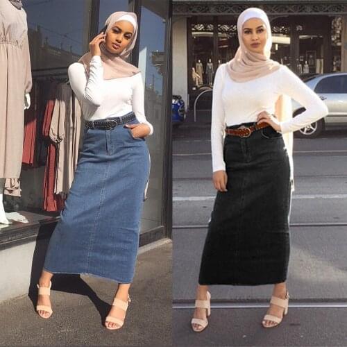 Skirts Womens Long Stretch Denim Buttocks Skirt Muslim Fashion Abaya Dubai Abaya Turkey Long Skirt