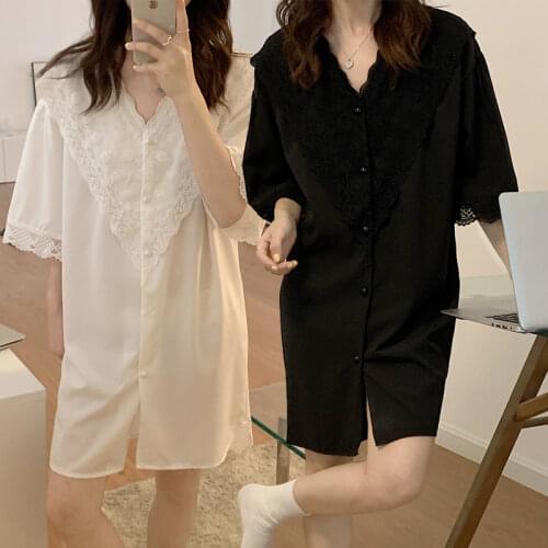2021 New Summer Silk Satin Short Sleeve Sexy Lace V-neck Nightgowns for Women Night Dress Sleepwear Nightdress Home Dress Nighty