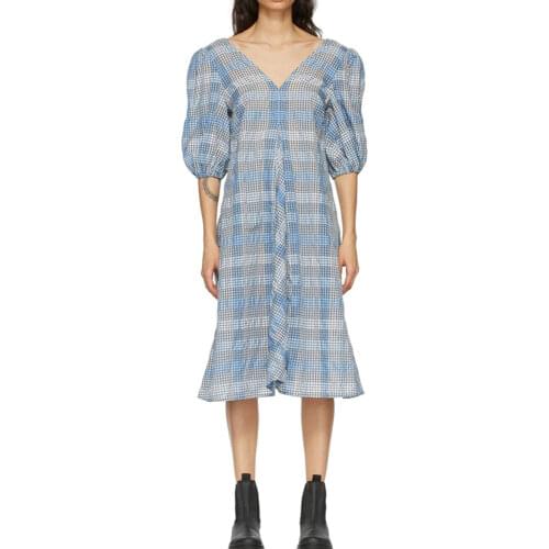Women Shirt 2021 Early Spring New Blue Plaid Puff Sleeve V-neck Temperament Dress Loose Casual Womens Skirt