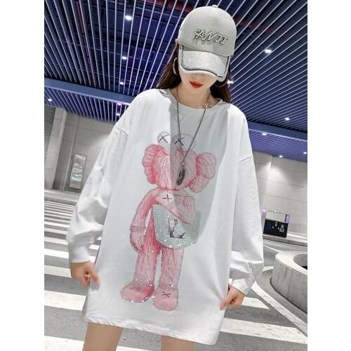 Women Spring and Autumn Thin Section New Hot Diamond Loose Cartoon Bear White Long-sleeved T-shirt Top Harajuku Women Clothes