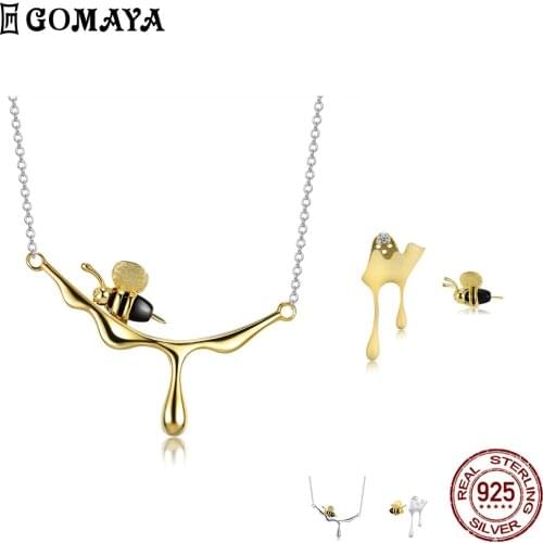 GOMAYA 925 Sterling Silver Stud Earrings And Pendant Necklaces Set For Women Cubic Zirconia Agate Stone Cute Bee Fine Jewelry