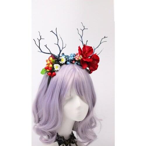 Girls Christmas Deer Antlers Costume Fancy Party Hairband Women Forest Flower Fruit Headband Red Floral Princess Crown Headwear