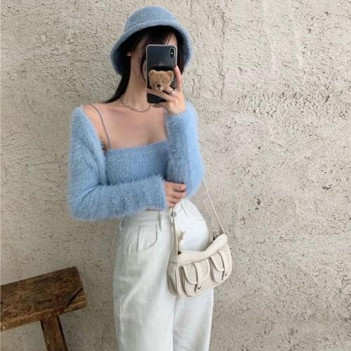 2021Cardigans for Women Solid Sweater Cardigan Two-piece Long-sleeved Short Knitted Jacket Blue Women Winter Sweater Clothes Set