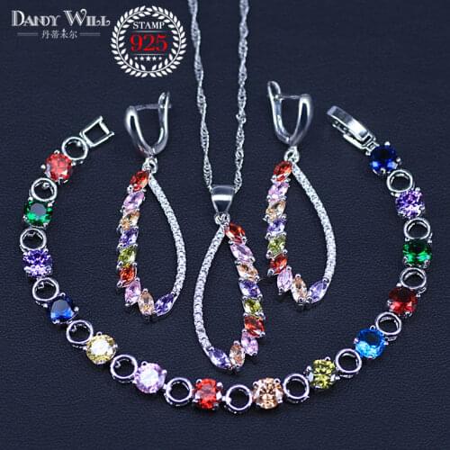 Fashion 4 Pcs Big Flower Multi Color Elegant Women Prom Party silver color Cubic Zirconia Necklace Bracelets Jewelry Set